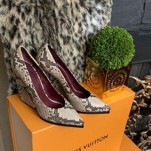 Celine Paris Beige and Brown Snake Print Heels